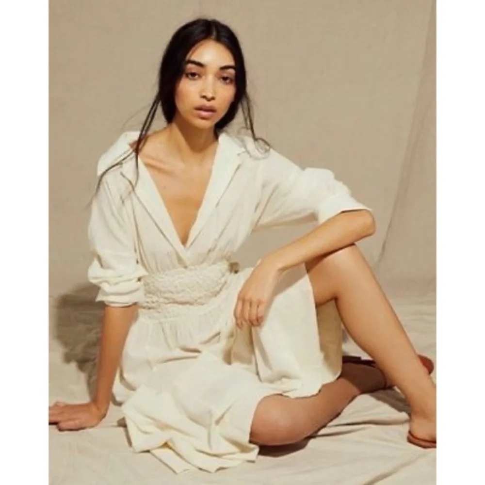 Free People Endless Summer Monika Shirt Dress M Ivory Cream Smocked Waist Boho